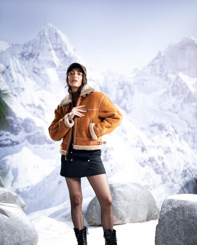 Classic Shearling Pilot Bomber Jacket For Women Men – Brown Leather Flight Style