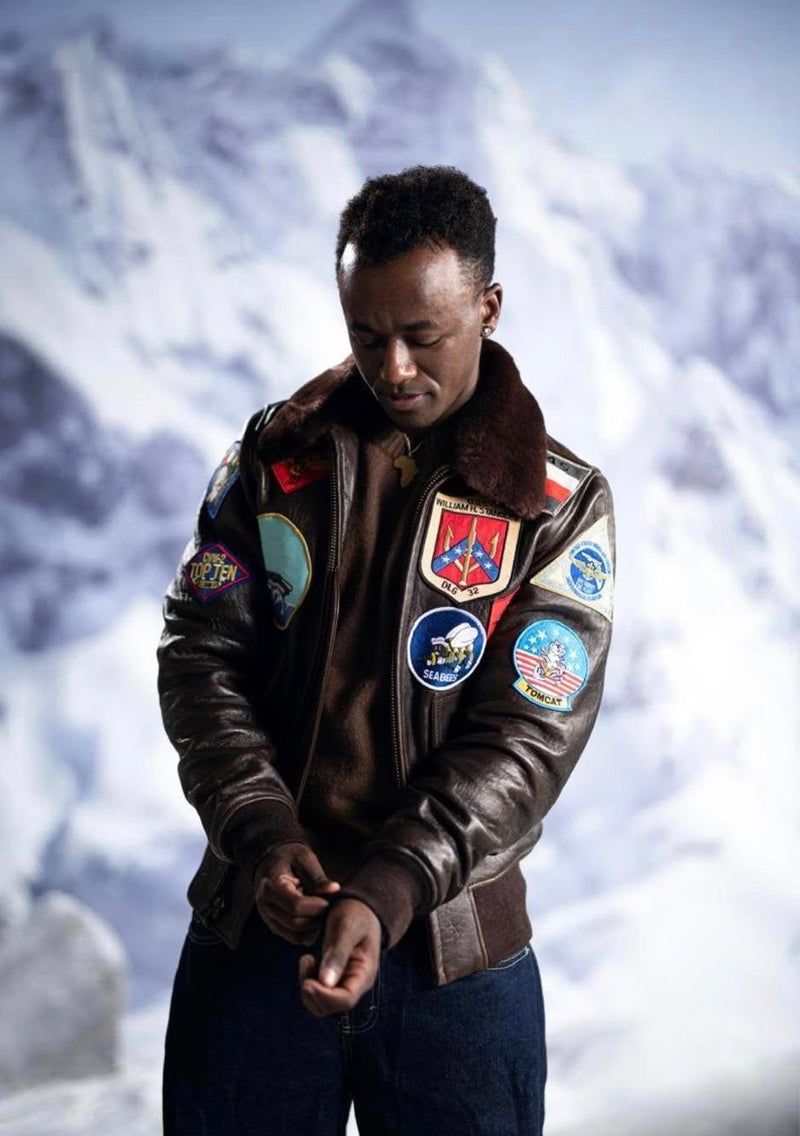 Men's Women’s Vintage Black Leather Aviator Jacket with Shearling Collar & Patches