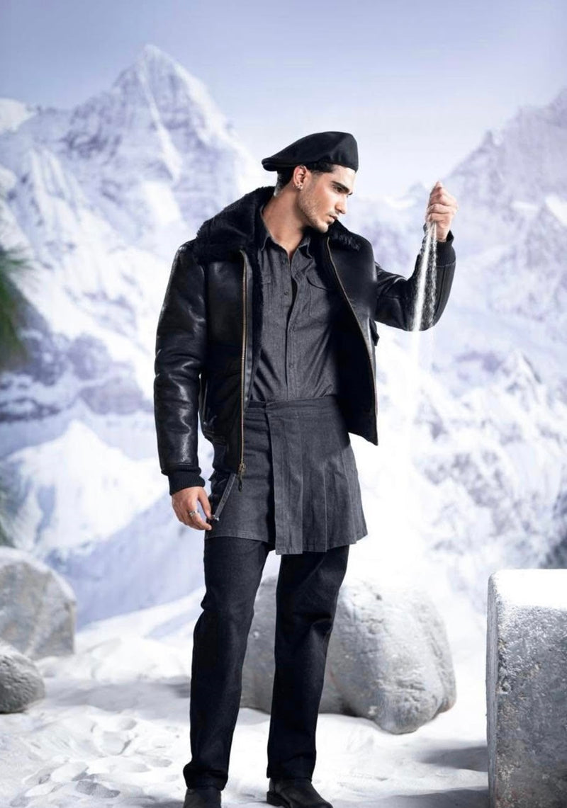 Men Women Flight Bomber Jacket in Black Leather – Retro Shearling Collar Design