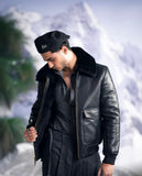 Men Women Flight Bomber Jacket in Black Leather – Retro Shearling Collar Design