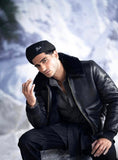 Men Women Flight Bomber Jacket in Black Leather – Retro Shearling Collar Design