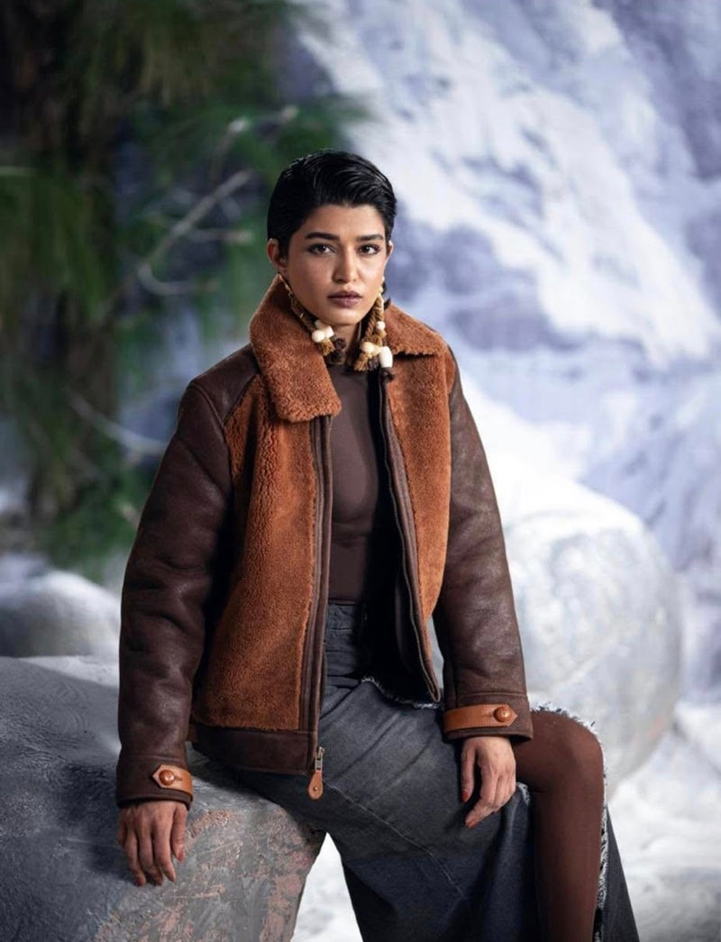 Shearling Collar Flight Jacket for Women Men – Premium Brown Leather Bomber