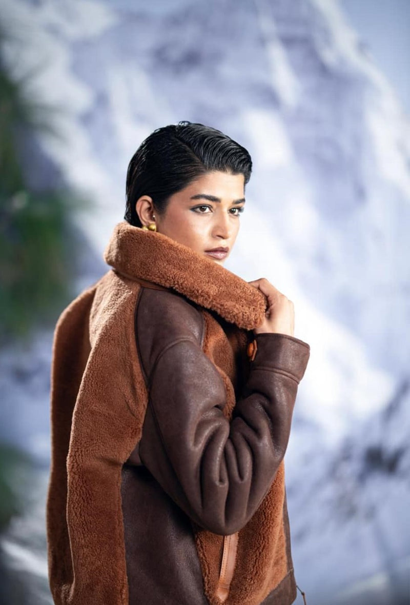 Shearling Collar Flight Jacket for Women Men – Premium Brown Leather Bomber